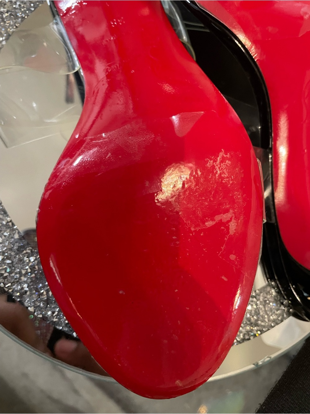 Christian Louboutin Black and Red Clear Strap Glitter Platform Heels - Picture 6 of 9